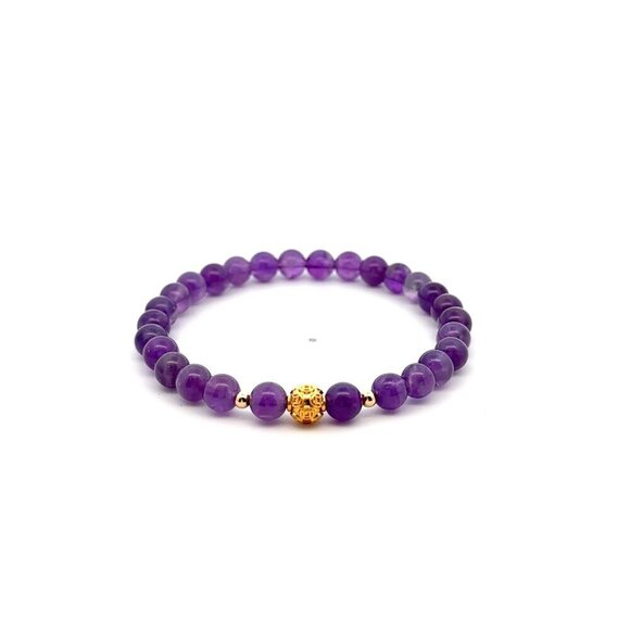 18K Gold Money Ball Bracelet Gemstone February Birthstone Amethyst 6mm Size 6.5" - Picture 1 of 5